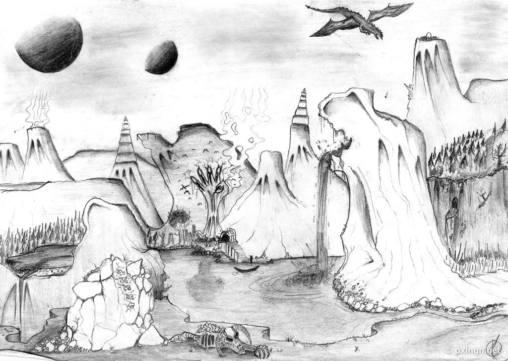 Vorher: Fremdartiger Planet mit zwei Monden, fliegendem Drachen und Tierskelett vor vulkanischer Nebellandschaft