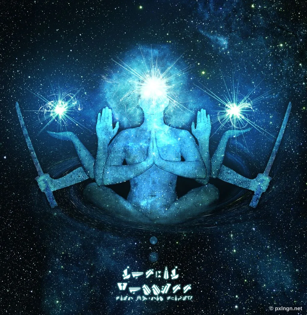 Vorher: Kosmische Göttin mit sechs Armen und zwei Schwertern in Lotus-Meditation, umgeben von Galaxien und Sternennebeln