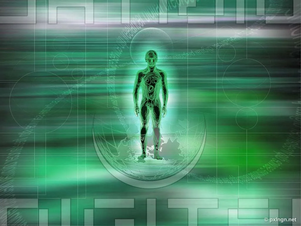 Vorher: Grün leuchtende Menschfigur auf Globus im Datenstrom, transformiert in einen futuristischen Serverraum