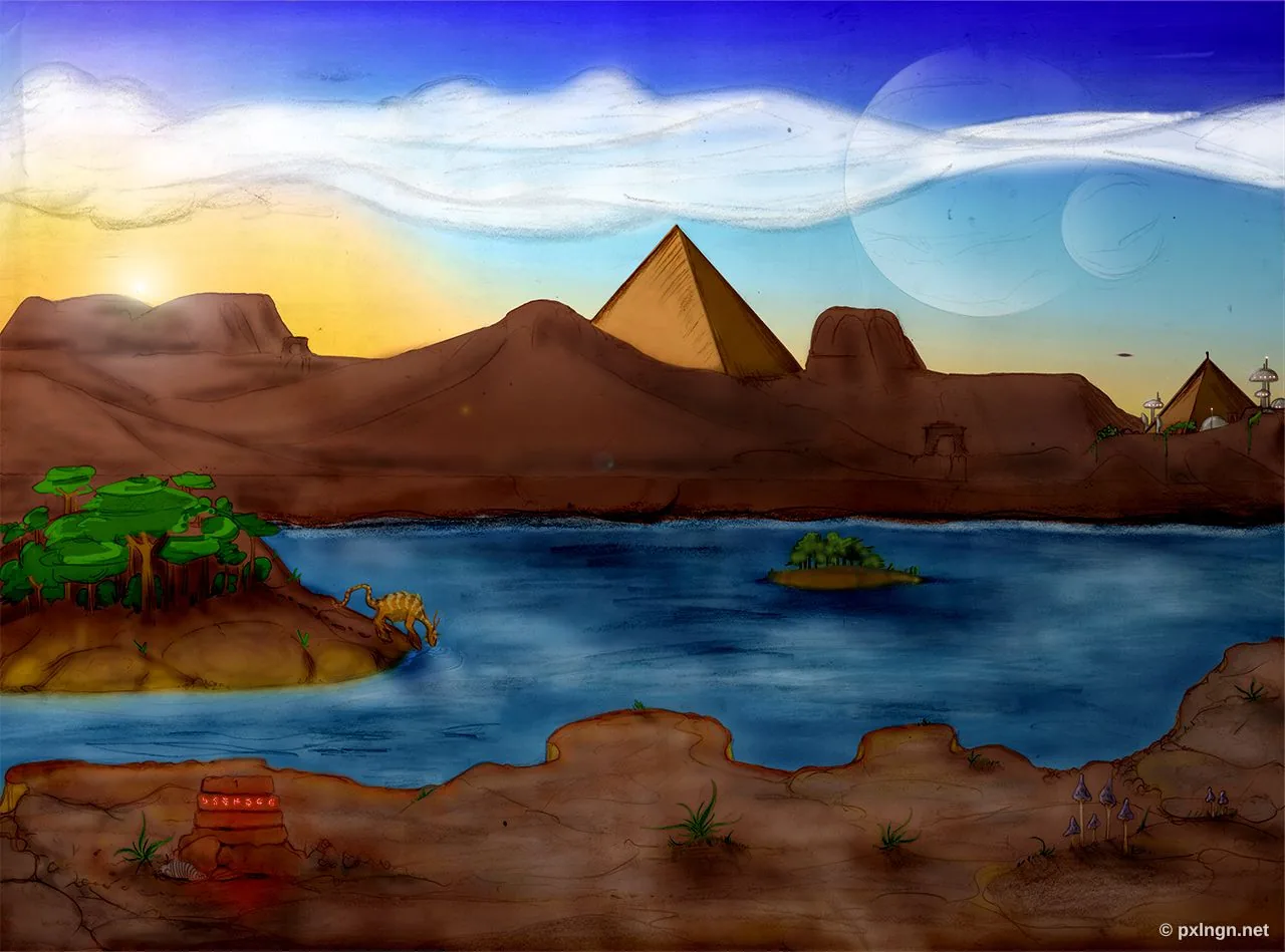 Vorher: Fantasyplanet mit Pyramiden, Doppelmonden und schwebenden Inseln über einem nebligen See