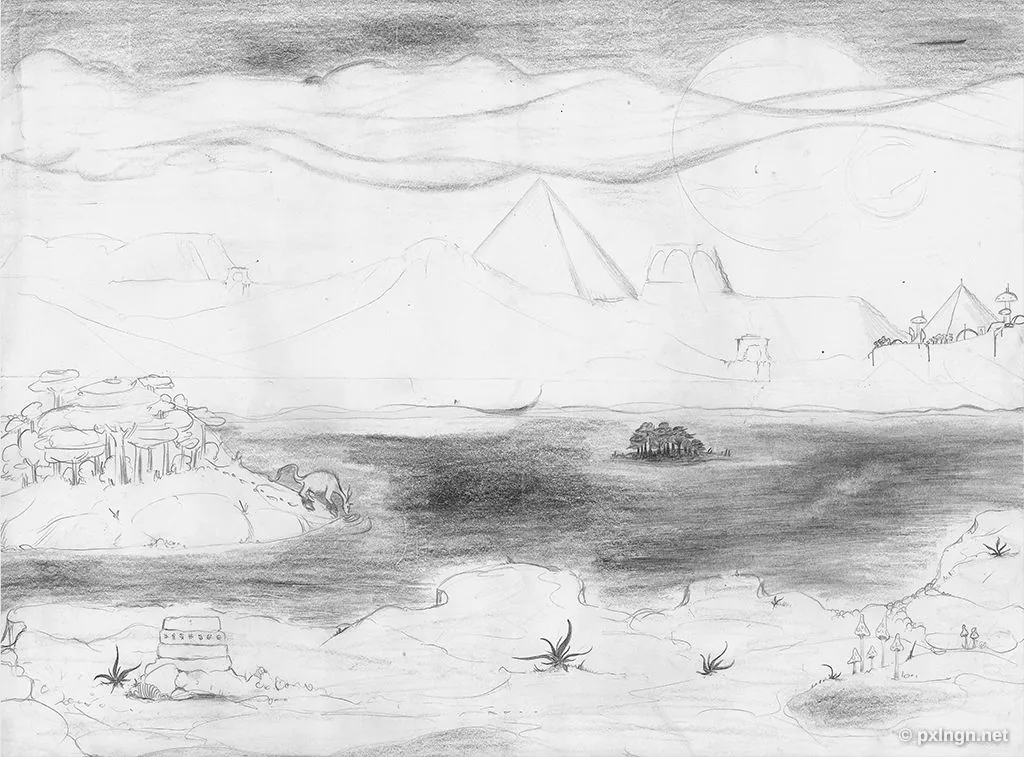 Original: Fantasyplanet mit Pyramiden, Doppelmonden und schwebenden Inseln über einem nebligen See